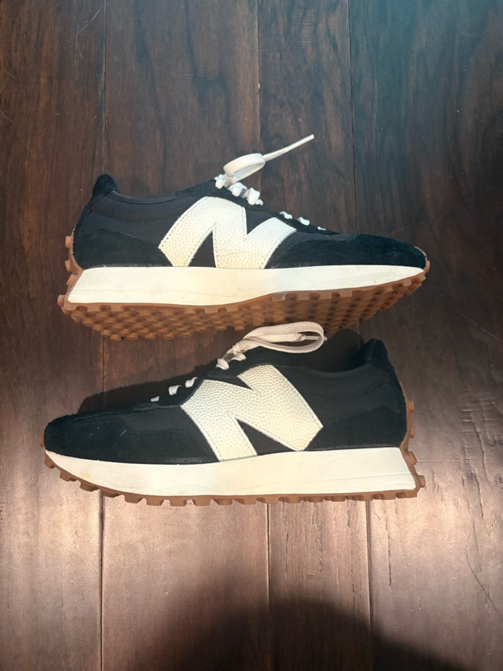 New Balance Black 327, White & Gum Retro Runner Sneakers